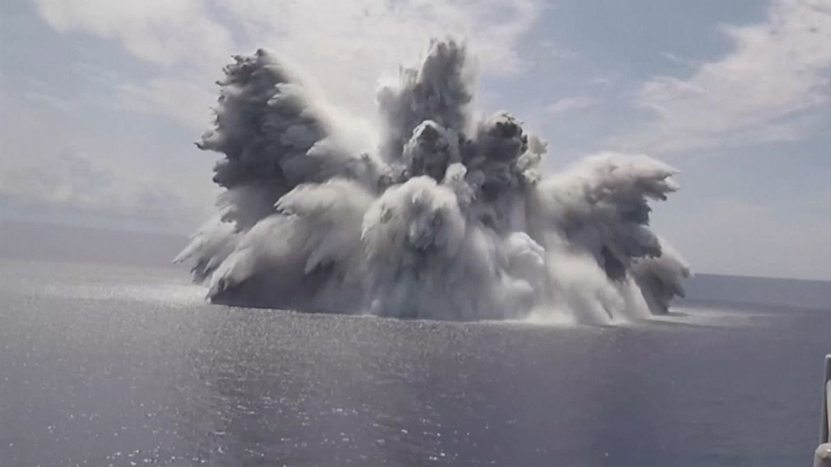 View from deck of ship during undersea explosion.
