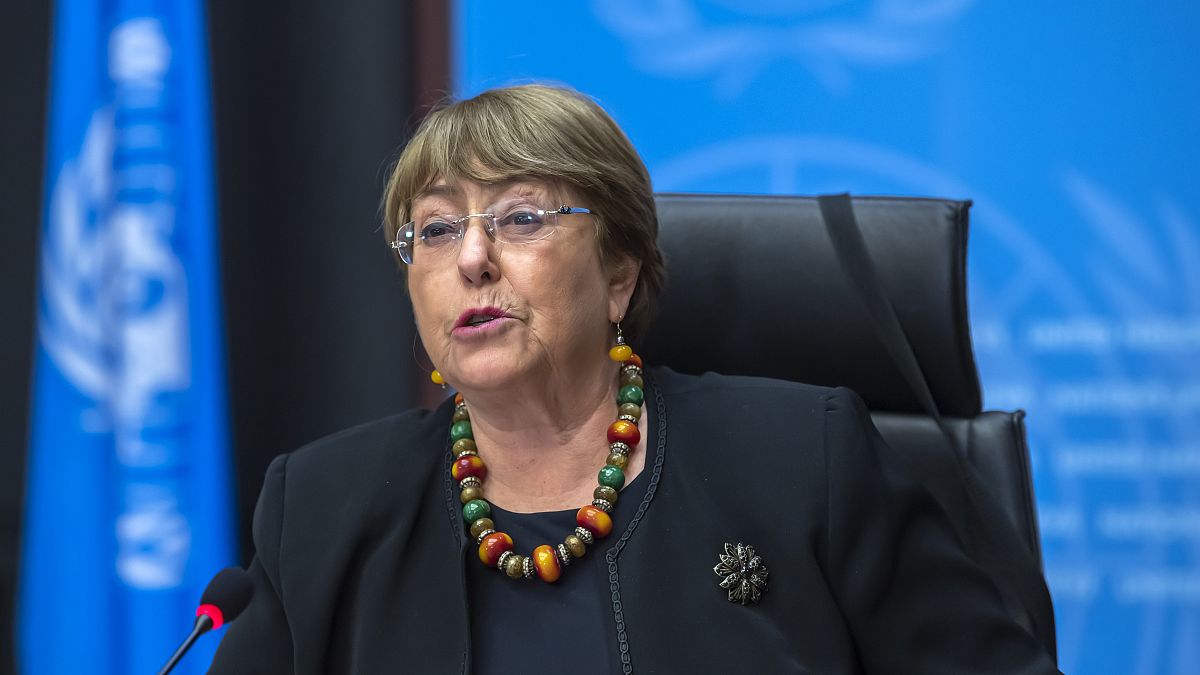 Michelle Bachelet, UN High Commissioner for Human Rights during a press conference at the UN' European headquarters in Geneva, Switzerland, Dec. 9, 2020 