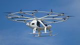An urban air taxi prototype by German based company Volocopter makes a test flight at Le Bourget, Paris.