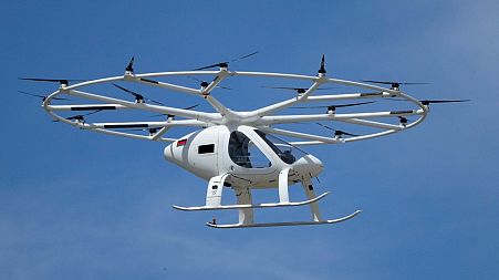 An urban air taxi prototype by German based company Volocopter makes a test flight at Le Bourget, Paris.