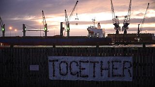 A sign adorns the fence at the harbour in Hartlepool, north-east England, where 69.6% of voters in the 2016 "Brexit" referendum opted to leave the EU