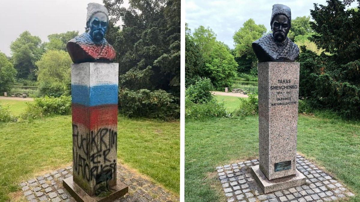 The monument was likely defaced before Monday's UEFA Euro 2020 match in Copenhagen.