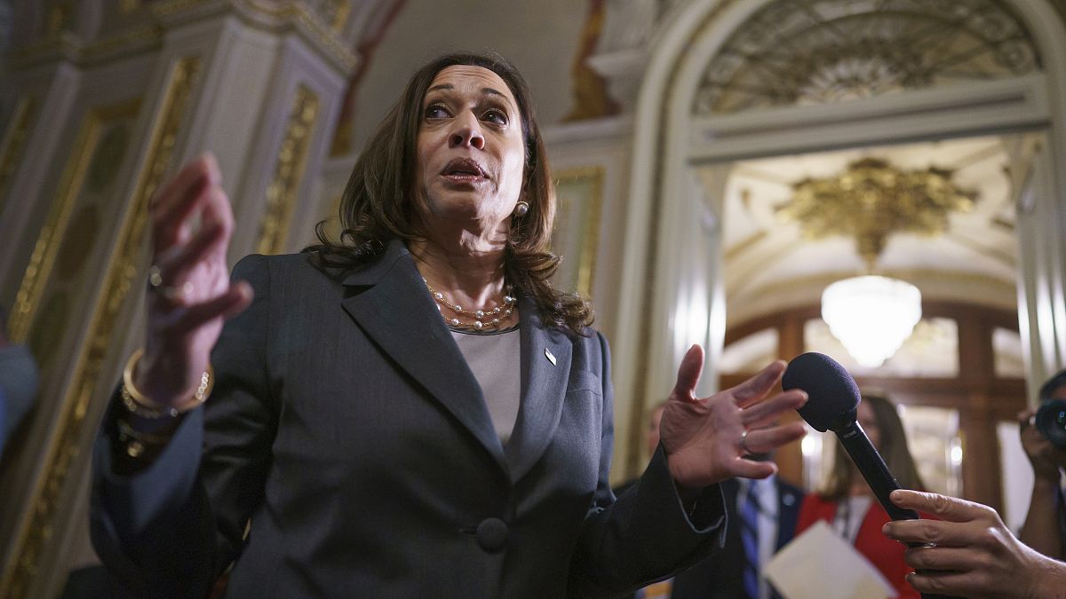 US Vice President Kamala Harris leaves the Senate chamber following the procedural vote on the For the People Act, at the Capitol in Washington, June 22, 2021.