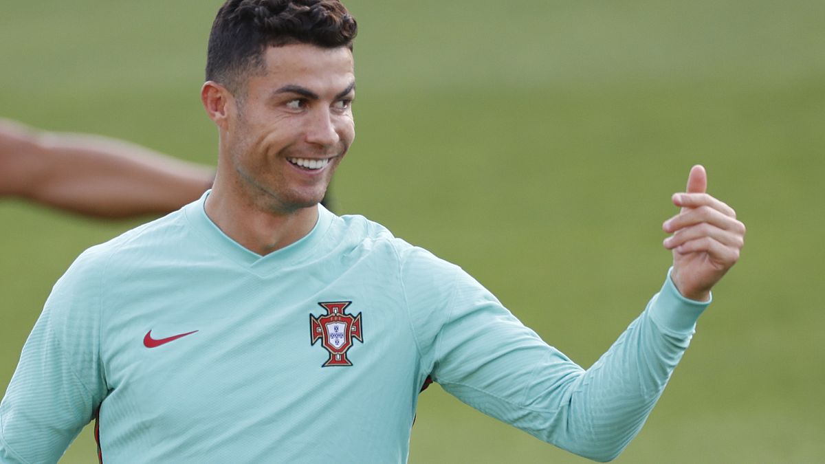 Portugal's Cristiano Ronaldo gestures during a training session in Budapest, Hungary, June 22, 2021.