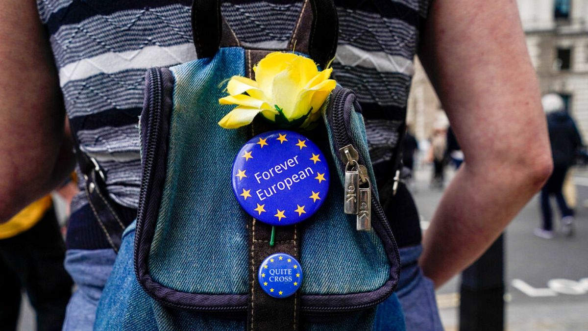 An anti-Brexit protester wears EU badges on her bag, near Parliament Square, in London, Wednesday, May 26, 2021.
