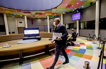 European Council President Charles Michel arrives for the start of a video meeting
