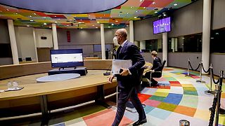 European Council President Charles Michel arrives for the start of a video meeting