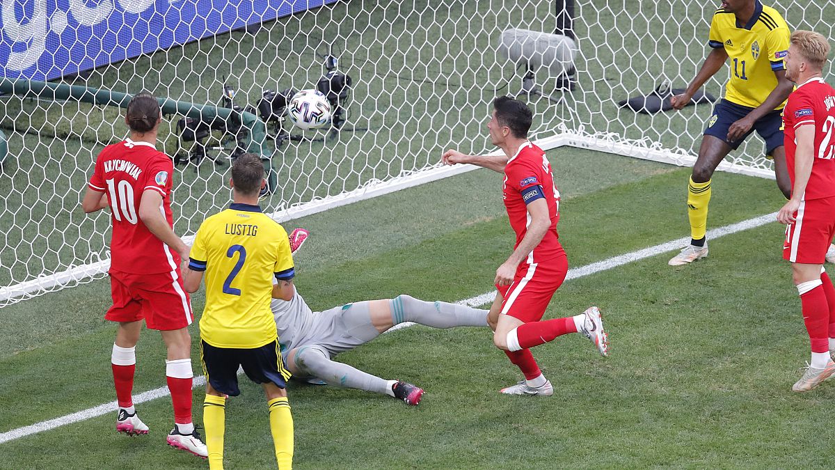 Poland's Robert Lewandowski fails to score during the Euro 2020 group D match between Sweden and Poland, at the St. Petersburg stadium, Russia, Wednesday, June 23, 2021.