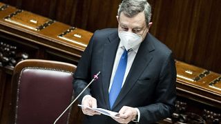 Italian Prime Minister Mario Draghi addresses the Chamber of Deputies in Rome, Wednesday, June 23, 2021. 