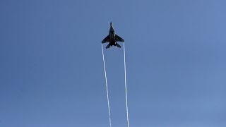 A Serbian Army MiG-29 jet fighter performs over Batajnica during military exercises.