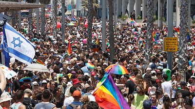 Participants attend the first Tel Aviv pride event since before the Covid-19 pandemic.