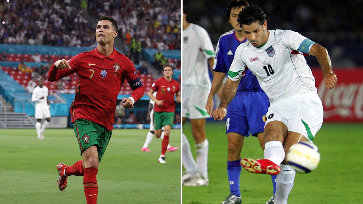Portugal's Cristiano Ronaldo (left) is likely to break the international goals record of Iran's Ali Daei (right).