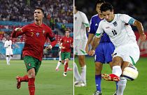 Portugal's Cristiano Ronaldo (left) is likely to break the international goals record of Iran's Ali Daei (right).