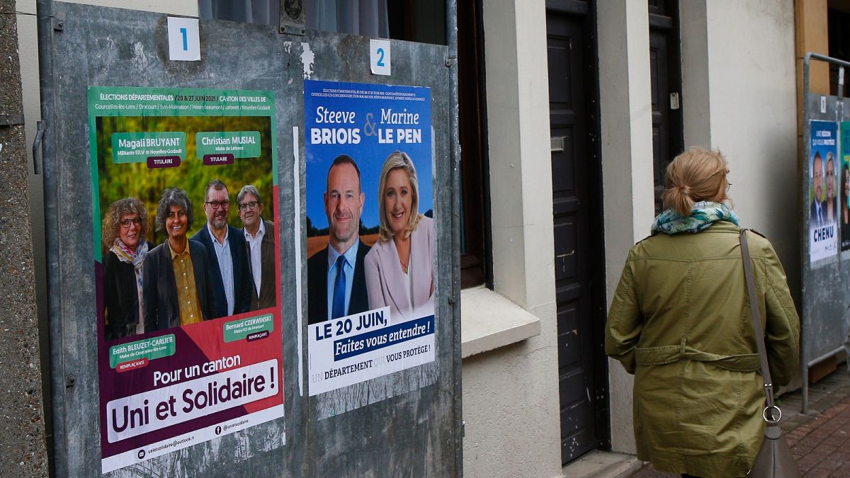 Electoral campaign boards for northern France region, right, with local candidate Steeve Briois and Marine Le Pen, French far- right leader, in Henin-Beaumont.