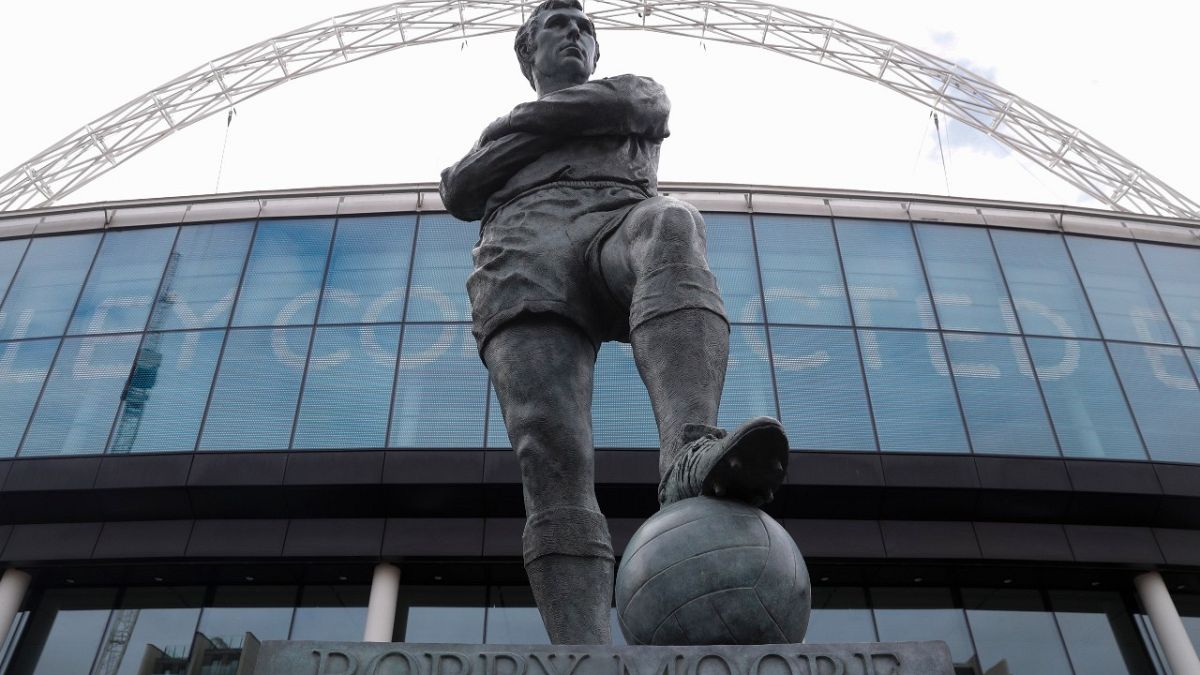 The statue of the late England player Bobby Moore outside Wembley Stadium in London, Tuesday, March 17, 2020. England face Germany at the venue today at Euro 2020.