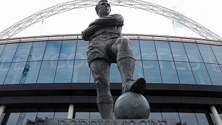 The statue of the late England player Bobby Moore outside Wembley Stadium in London, Tuesday, March 17, 2020. England face Germany at the venue today at Euro 2020.