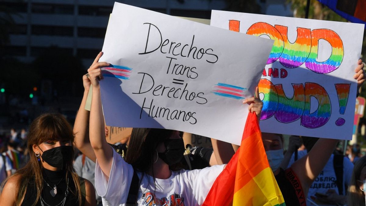 İspanya'da "transseksüel hakları insan haklarıdır" yazılı pankart taşıyan bir kişi (arşiv)