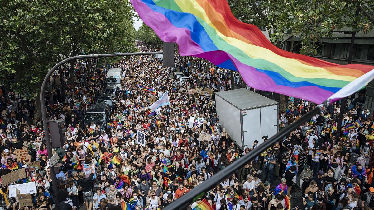 Crowds are seen at the annual Gay Pride march in Paris, France on June 26, 2021.