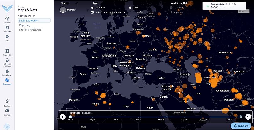 Dados do painel Kayrros sobre fugas de metano. Captura de ecrã da plataforma de monitorização Methane Watch.