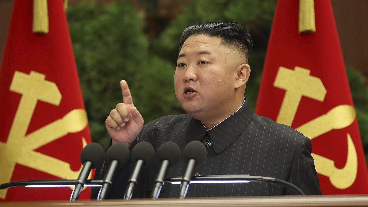 North Korean leader Kim Jong Un speaks during a Politburo meeting of the ruling Workers’ Party in Pyongyang, North Korea, Tuesday, June 29, 2021. 