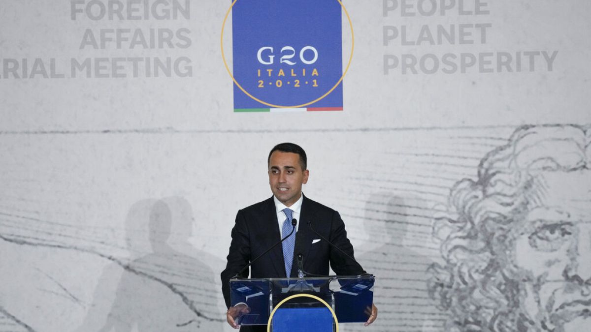 Italian Foreign Minister Luigi Di Maio addresses the media during a news conference at a G20 foreign affairs ministers' meeting in Matera, southern Italy, Tuesday, June 29