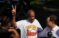 Comedian Bill Cosby reacts outside his home in Elkins Park, Pa., Wednesday, June 30, 2021, after being released from prison.