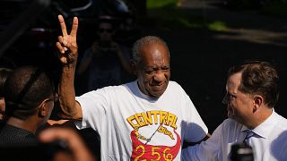 Comedian Bill Cosby reacts outside his home in Elkins Park, Pa., Wednesday, June 30, 2021, after being released from prison.