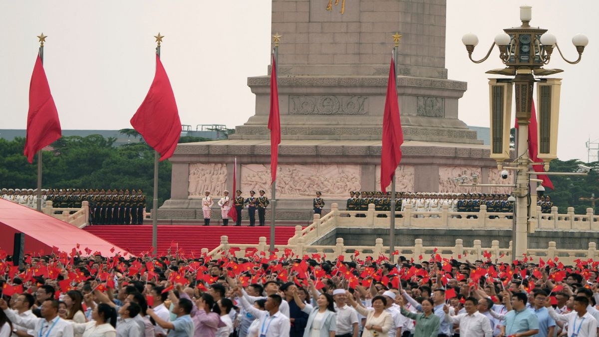 احتفالات الحزب الشيوعي الصيني بالذكرى المائة لتأسيس الحزب الحاكم في بوابة تيانانمن في بكين الخميس 1 يوليو 1 يوليو 2021.