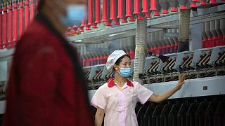 عاملة من أقلية أويغور تعمل على معالجة خيوط القطن في مصنع للأزياء.