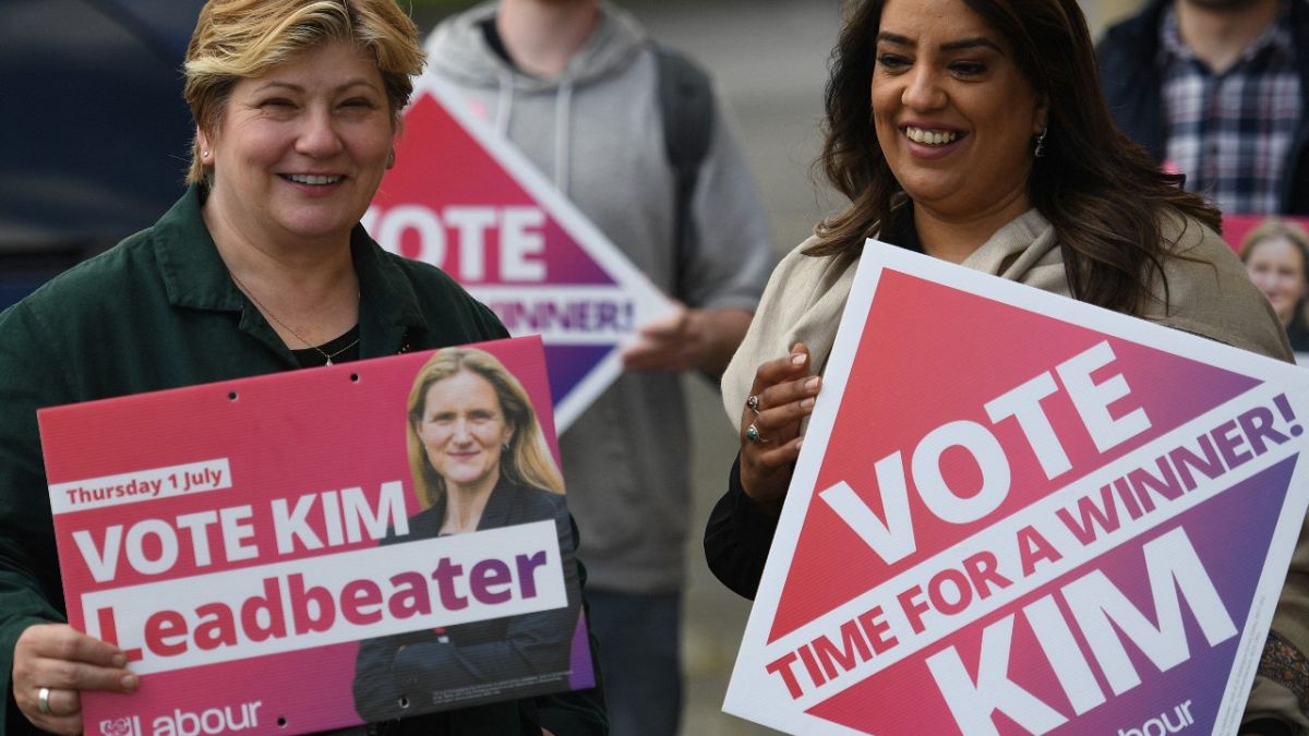 Labour MP Emily Thornberry (L) canvassing for candidate Kim Leadbeater, in Batley, West Yorkshire on June 26, 2021, ahead of the July 1 Batley and Spen by-election.