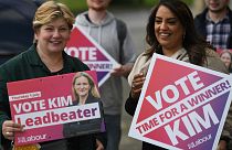 Labour MP Emily Thornberry (L) canvassing for candidate Kim Leadbeater, in Batley, West Yorkshire on June 26, 2021, ahead of the July 1 Batley and Spen by-election.
