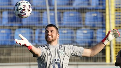 Spain's goalkeeper Unai Simon attends a training session at the Petrovsky stadium in St. Petersburg, Wednesday, June 30, 2021 Spain's goalkeeper Unai Simon attends a training session at the Petrovsky stadium in St. Petersburg, Wednesday, June 30, 2021