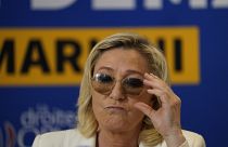 FILE: Far-right leader Marine le Pen attends a press conference in Toulon, southern France, Thursday, June 17, 2021.