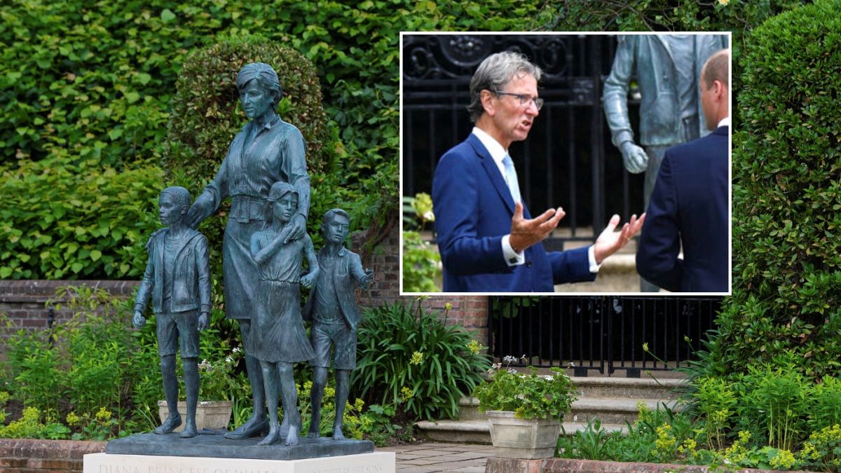 Diana szobra és az alkotó, Ian Rank-Broadley a szobor avatásakor (Vilmos herceggel beszélget)