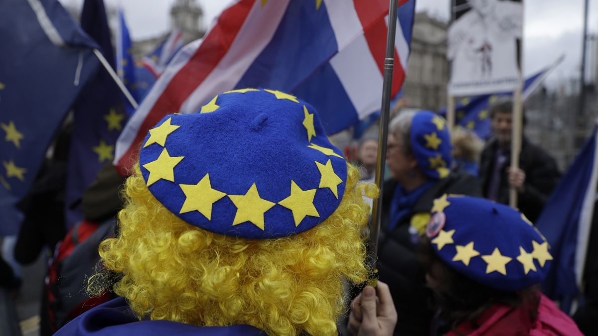 In this file photo dated Wednesday, Jan. 8, 2020, pro-Europe protesters demonstrate against Britain's Brexit split from the Bloc, outside the Houses of Parliament in London.