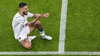 Italy's Lorenzo Insigne celebrates after scoring his team's second goal during the European Football Championship.