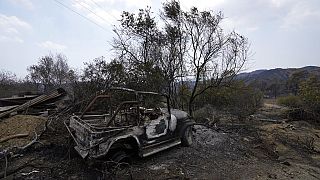 A burned car is seen on Troodos mountain