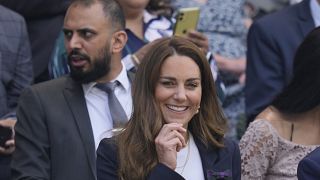 Britain's Kate, Duchess of Cambridge sits in the Royal Box on Centre Court on day five of the Wimbledon Tennis Championships in London.