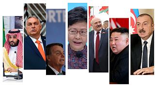 De gauche à droite, Mohammed ben Salmane, Viktor Orban, Jair Bolsonaro, Carrie Lam, Alexandre Loukachenko, Kim Jong-Un, Ilham Aliyev