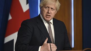 Britain's Prime Minister Boris Johnson speaks during a media briefing on coronavirus in Downing Street, London, Monday, July 5, 2021.