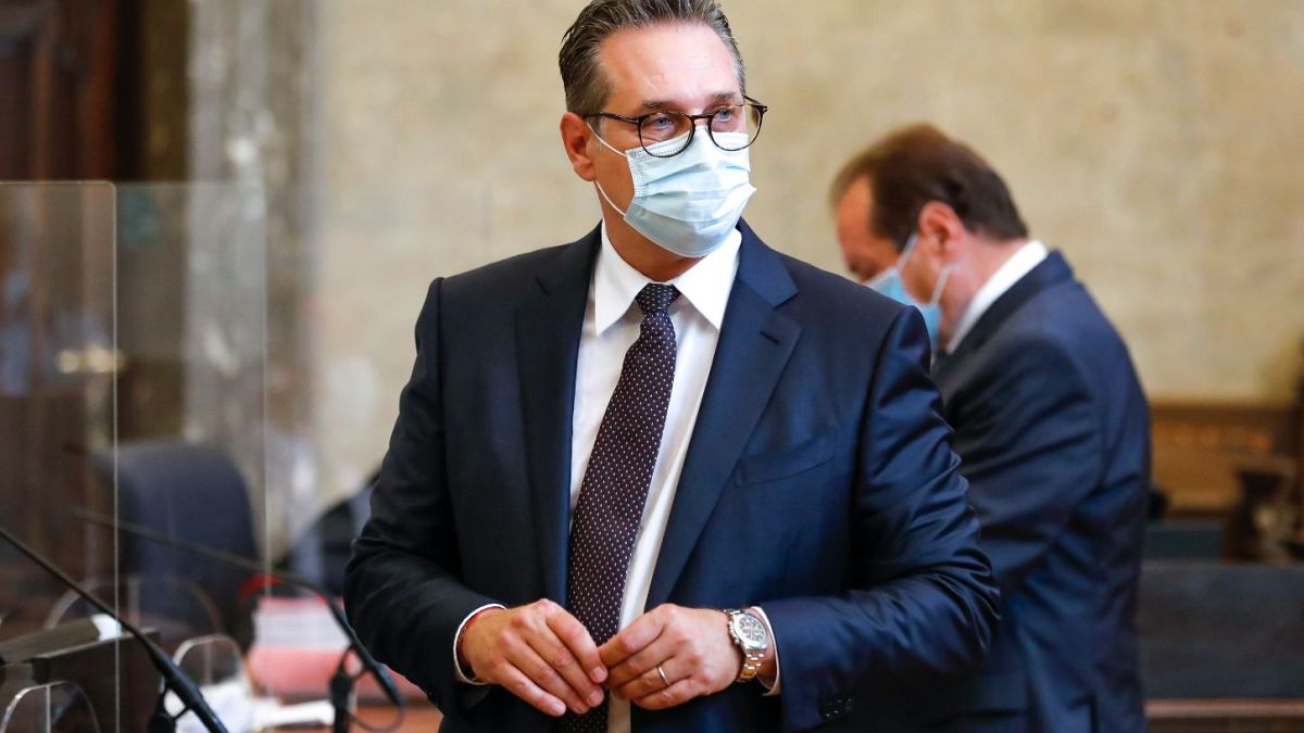 Heinz-Christian Strache waits for the start of a trial in a courtroom in Vienna.