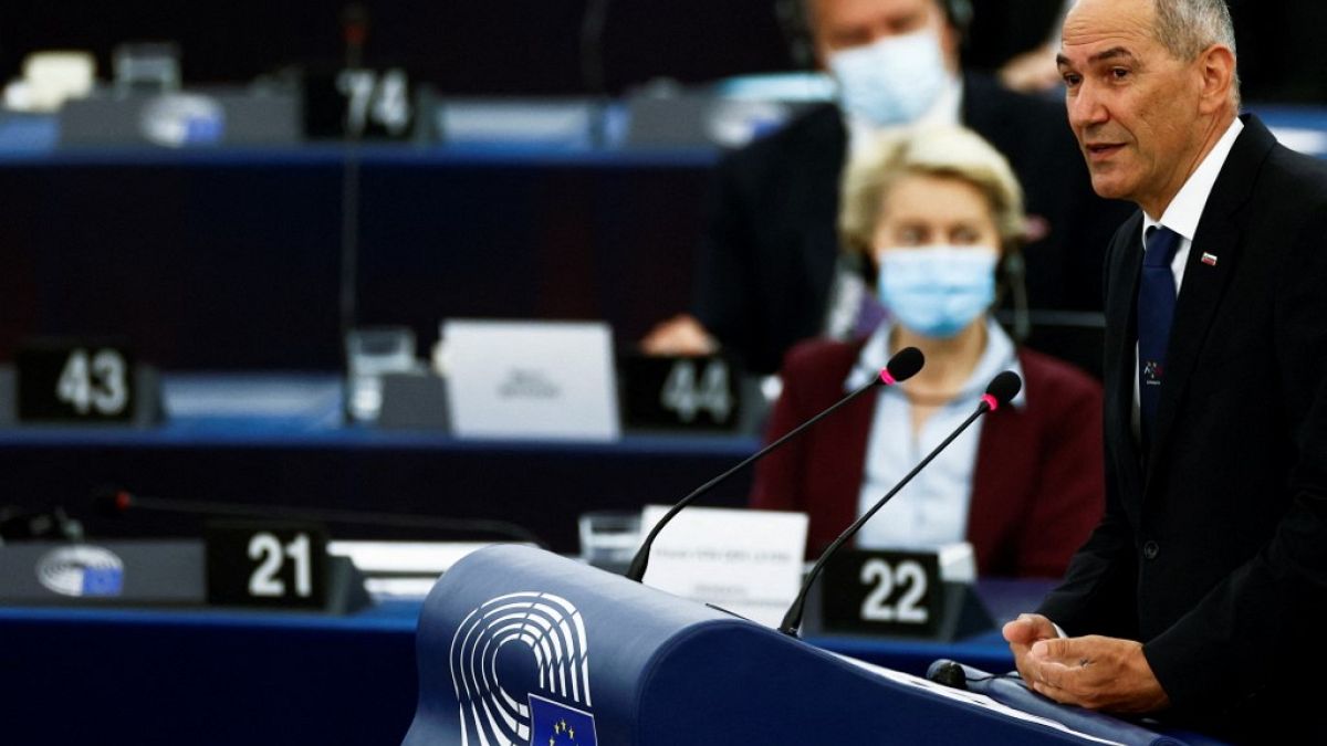 Slovenian Prime Minister Janez Jansa attends a plenary session at the European Parliament