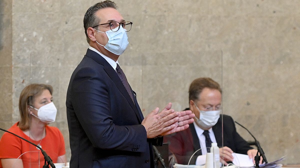  نائب المستشار النمساوي السابق هاينز كريستيان شتراخه أمام محكمة فيينا اليوم الثلاثاء 6 أيار/مايو 2021