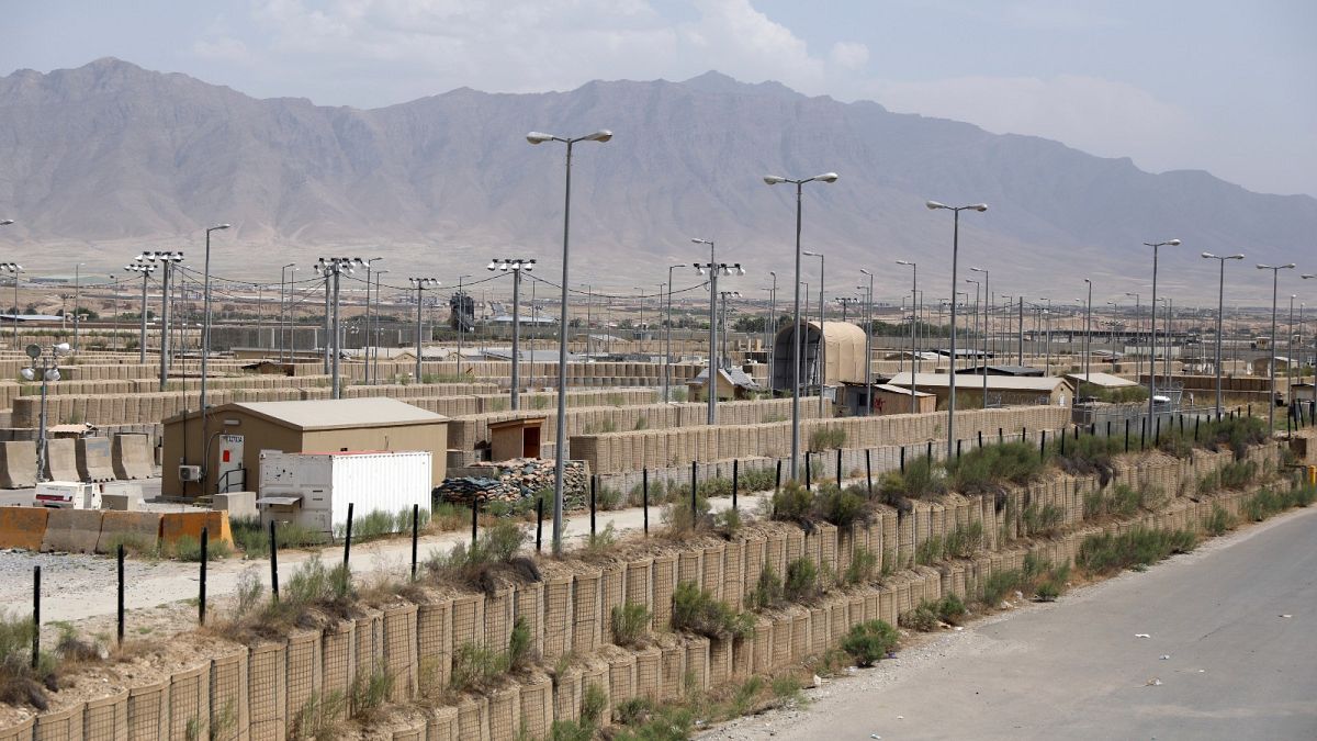 Blast walls and a few buildings can be seen at the Bagram air base after the American military left the base, in Parwan province north of Kabul, Afghanistan.