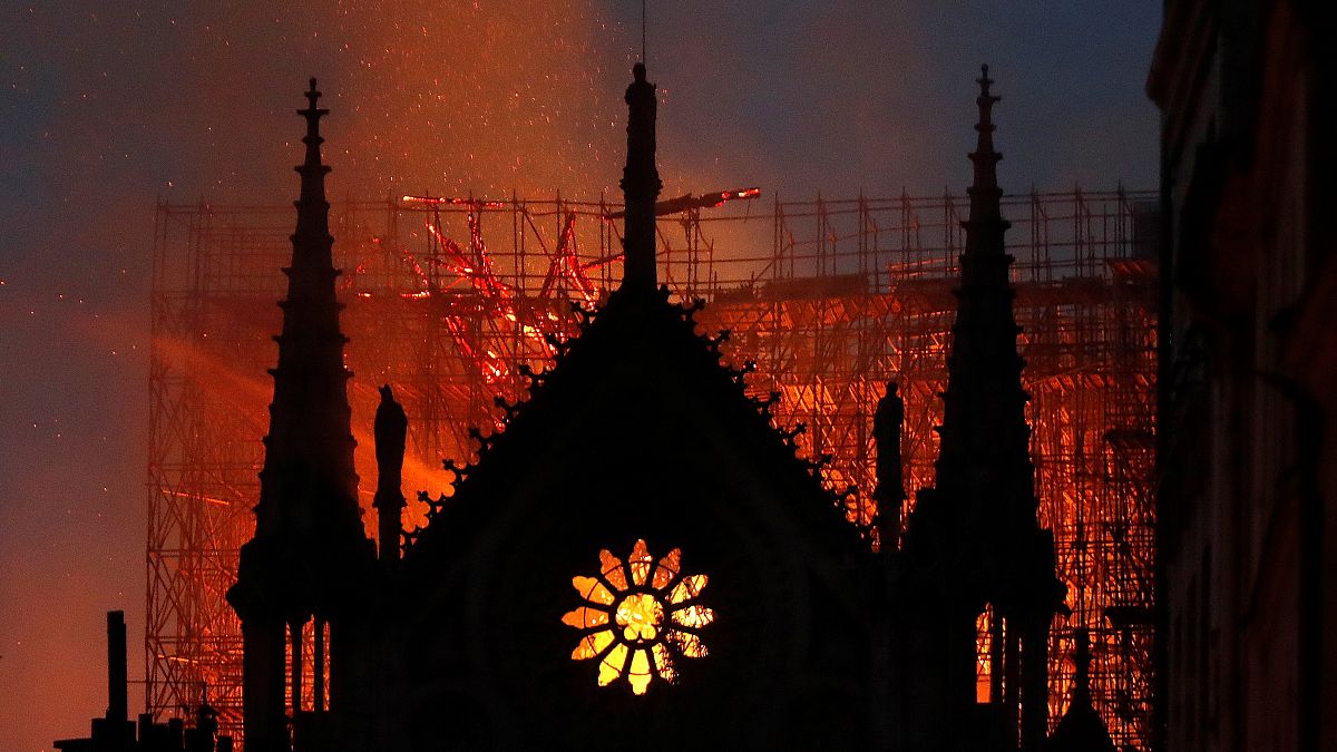 Flames and smoke rise from Notre Dame cathedral as it burns in Paris, Monday, April 15, 2019. 