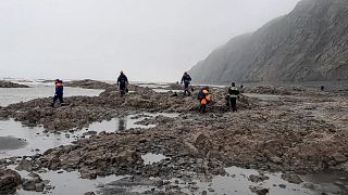 Emergency workers pictured at the wreckage of a missing Antonov An-26 aircraft near Palana.