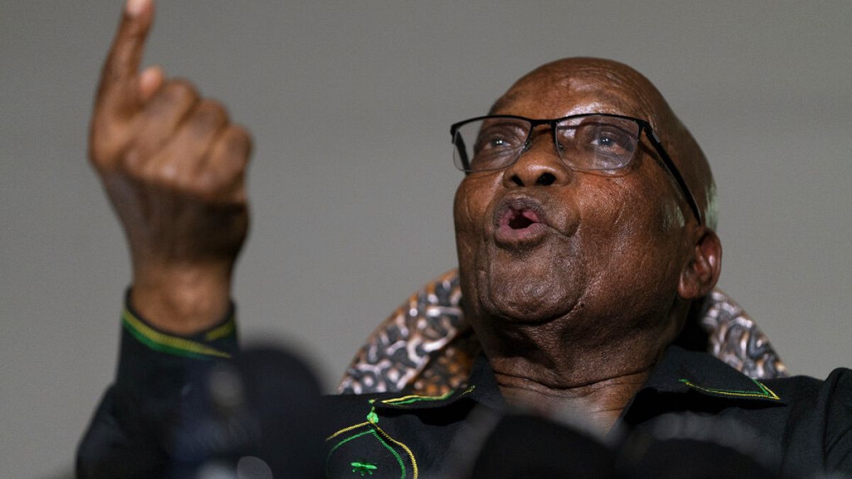 Former president Jacob Zuma gestures as he addresses the press at his home in Nkandla, KwaZulu-Natal Natal Province, Sunday, July 4, 2021. 