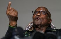 Former president Jacob Zuma gestures as he addresses the press at his home in Nkandla, KwaZulu-Natal Natal Province, Sunday, July 4, 2021.