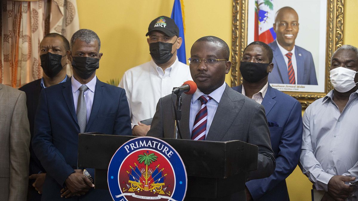 Interim President Claude Joseph speaks during a press conference at his residence in Port-au-Prince, Haiti