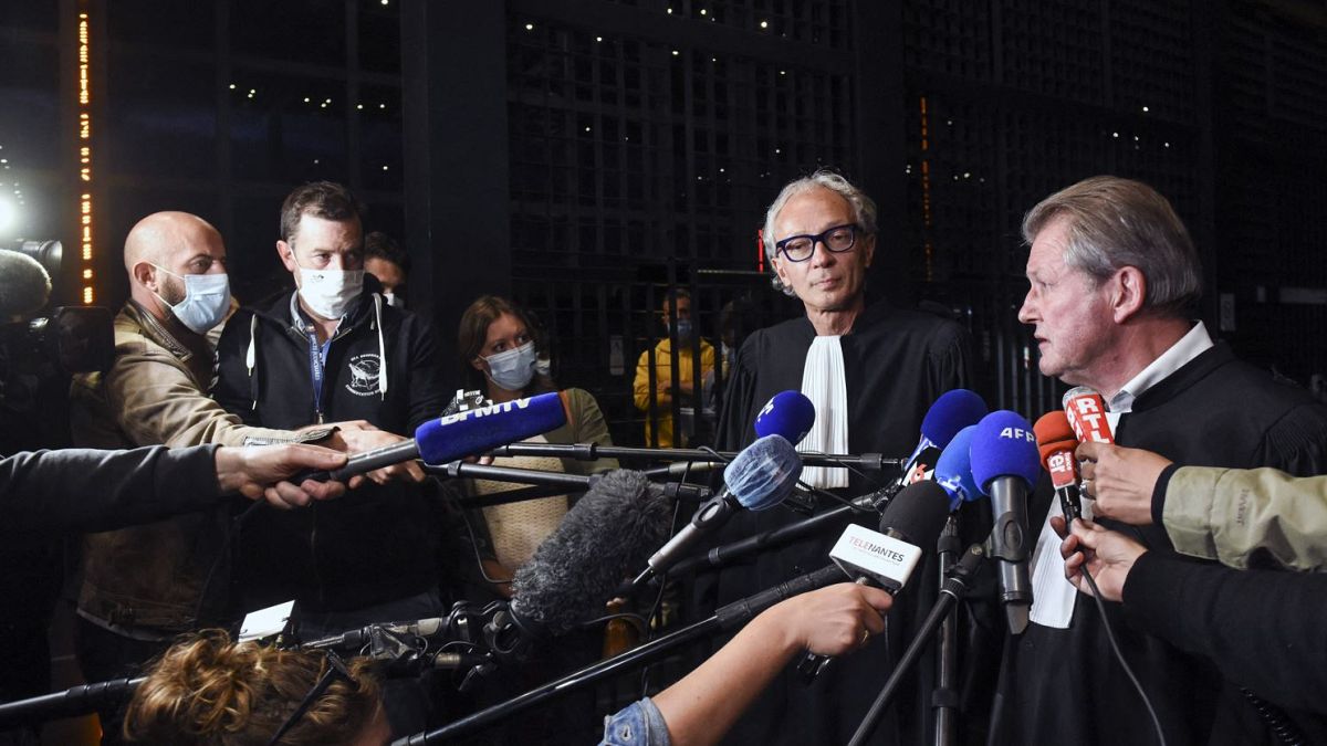 Lawyers of Hubert Caouissin, Thierry Fillion (L) and Patrick Larvor (R) talk to the press at Nantes' courthouse